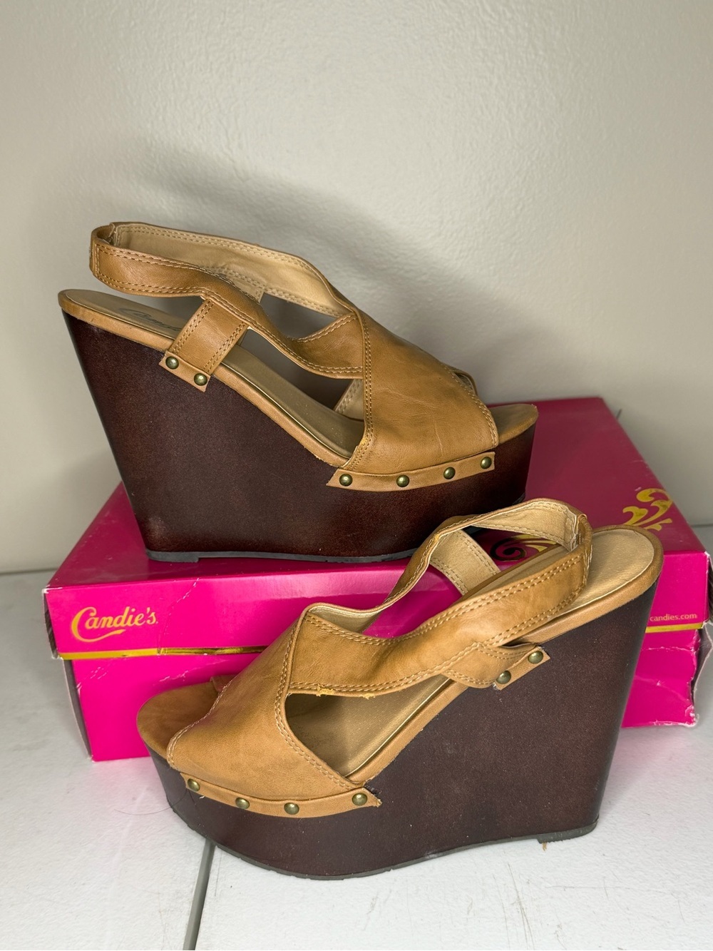 Candie's Cognac Leather Platform Wedge Sandals